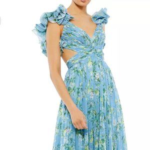 Mac Duggal Blue Floral Gown - Wedding Guest Dress with Statement Sleeve & Ruffle